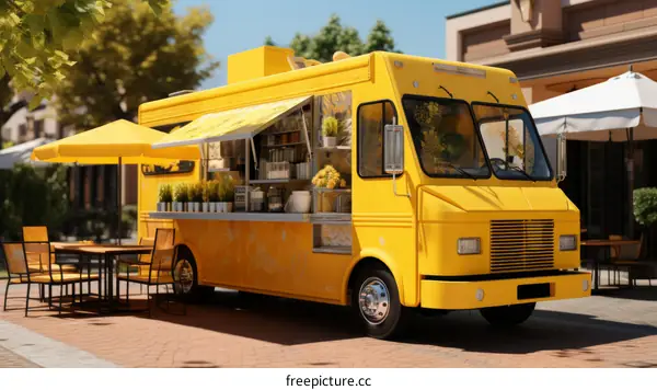 A yellow food truck is parked on a city street. There are tables and chairs outside the truck.