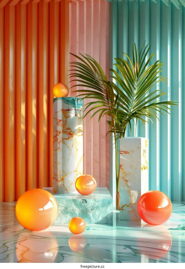 Abstract Geometric Interior Design with Colorful Marble and Glass Sphere