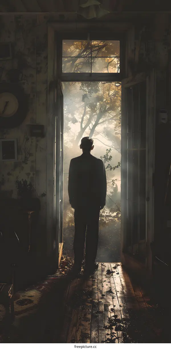 A Man Standing in a Dark Room Looking Out at a Bright Forest