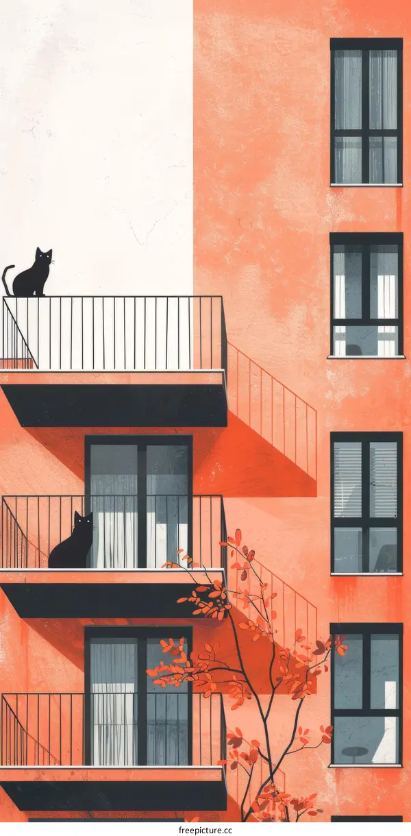 Two black cats on the orange building balcony