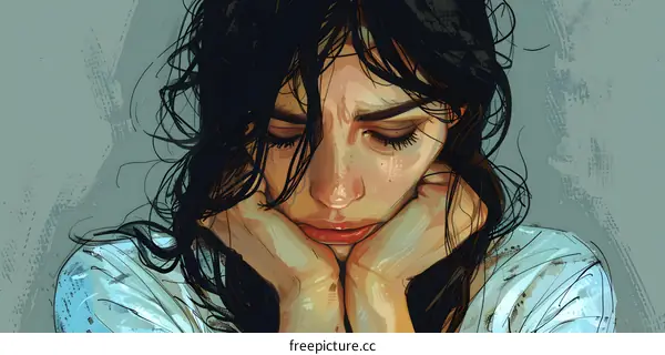 A woman with long black hair is sitting with her head in her hands.