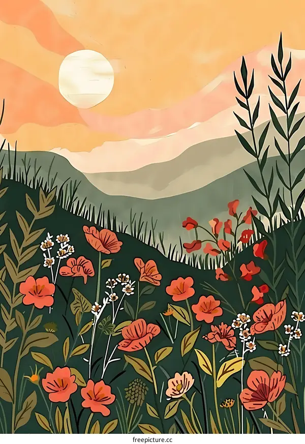 Sunset Over A Field Of Flowers