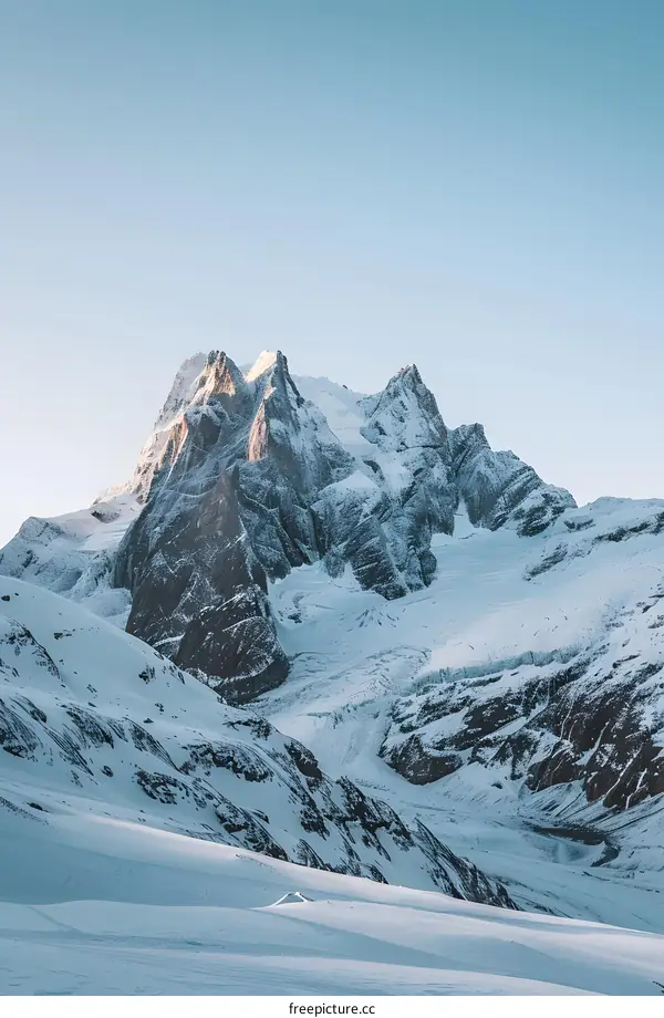 Snow Covered Mountain Peaks Against A Blue Sky