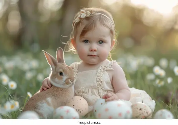 Little girl with bunny and Easter eggs