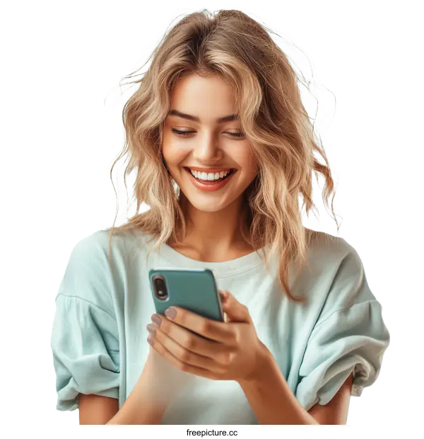 [Transparent Background PNG]Smiling Woman using a Smartphone
