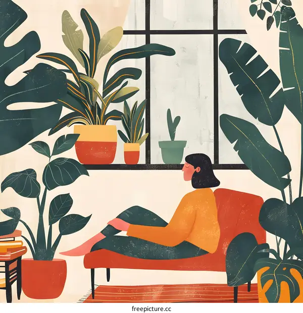 Woman Relaxing on a Couch Surrounded by Plants