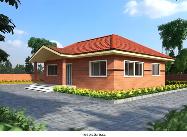 Brick House with Red Roof and Green Trees