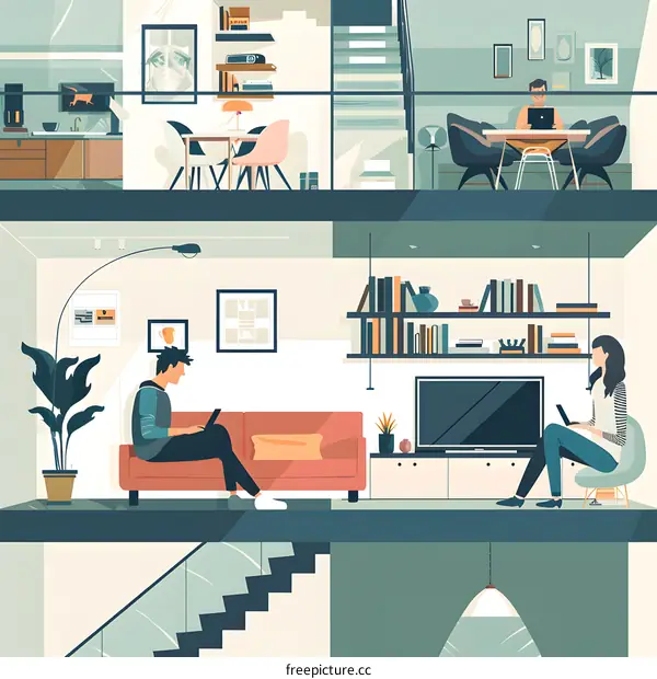 Modern Home Interior with People Working on Laptops