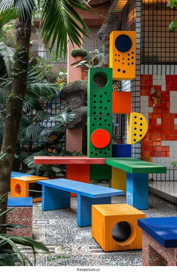Colorful geometric shapes in a garden