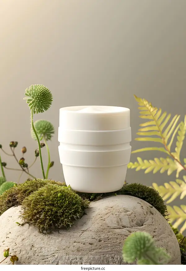 White Cream Jar on Moss Covered Rock