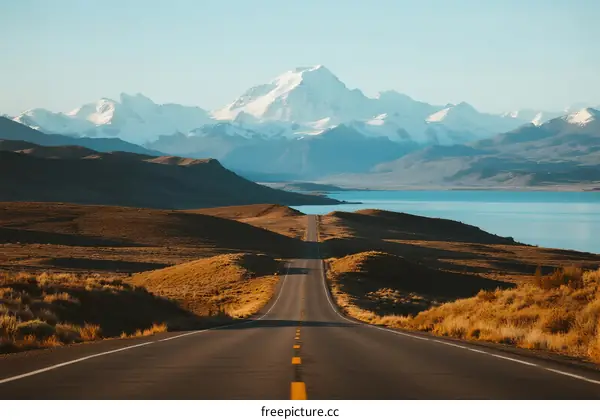 Long straight road leading to snow-capped mountain range under clear sky