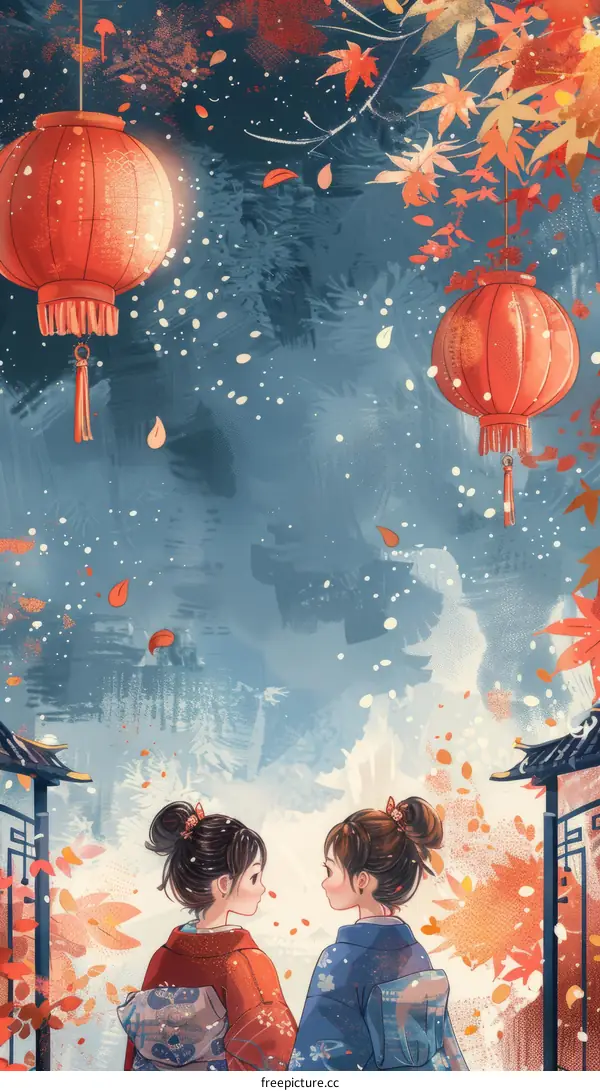 Two Girls in Kimono Under the Falling Leaves