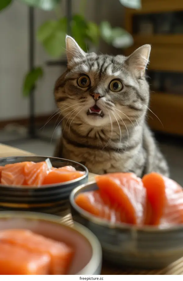 A cute cat is looking at two bowls of salmon
