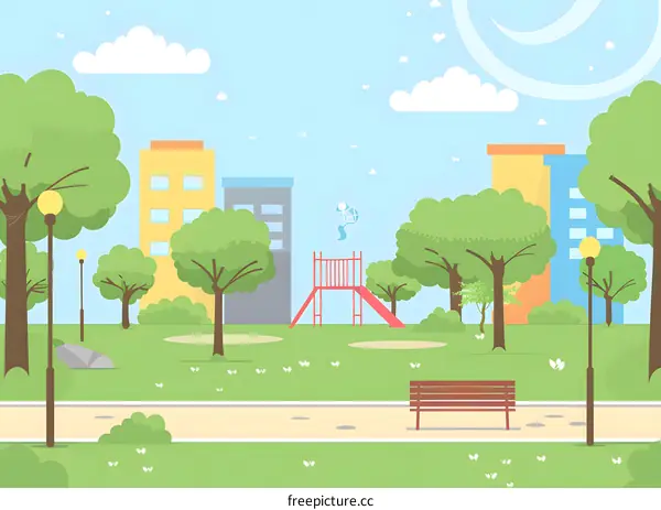 Cartoon City Park Illustration with Green Trees, Bench and Playground