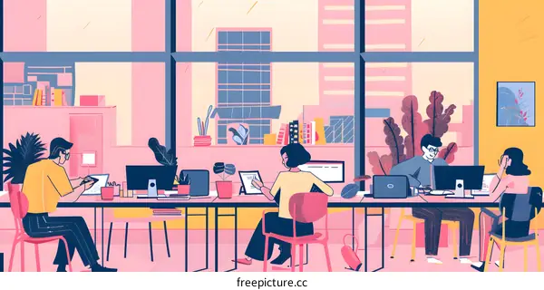 Four People Working in a Modern Office with Window View