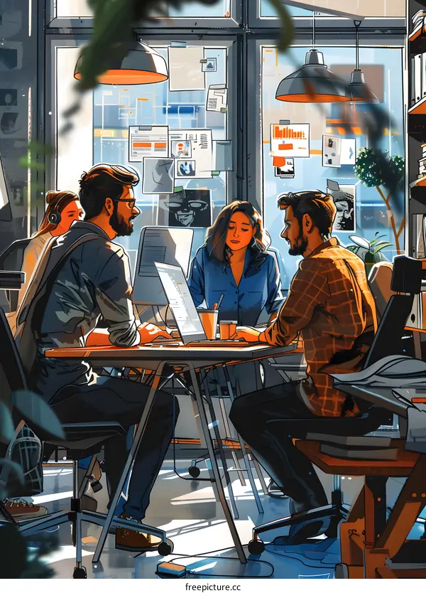 Illustration of a workplace with a team of people working together