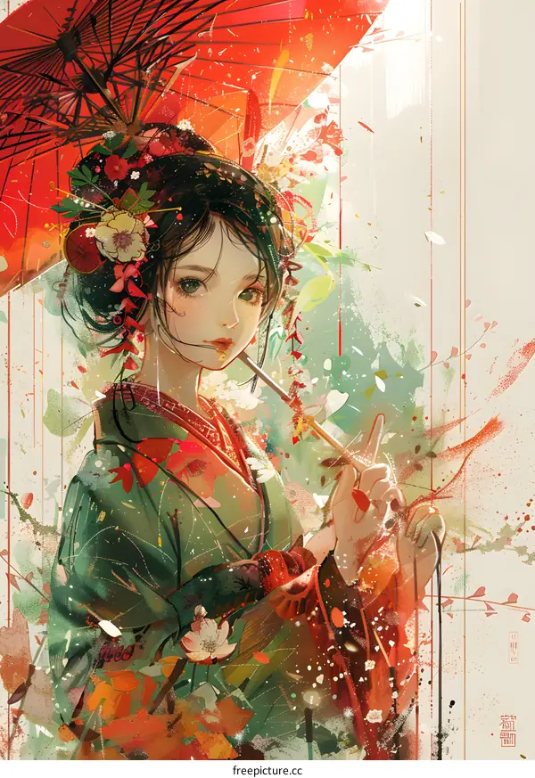 Beautiful Woman in Traditional Japanese Dress with Red Umbrella and Flowers
