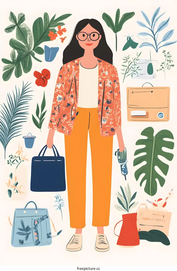 Woman with Flowers and Plants Illustration