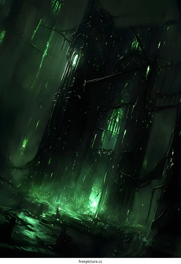 Dark Fantasy Illustration of a Green Glowing Cathedral