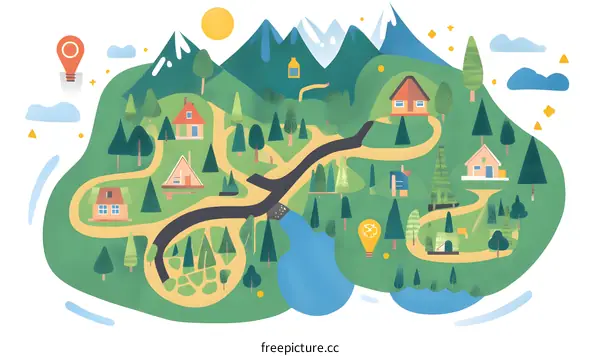 Cute Cartoon Illustration of Village in Mountains