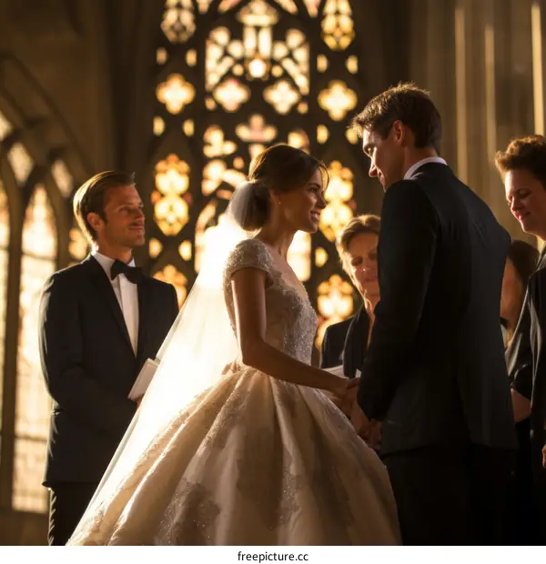 A bride and groom hold hands during their wedding ceremony in a church