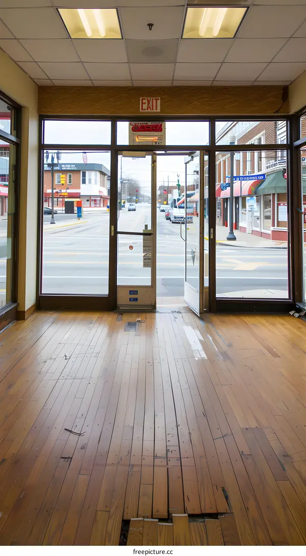 Empty Store Front With Wooden Floor And Glass Doors