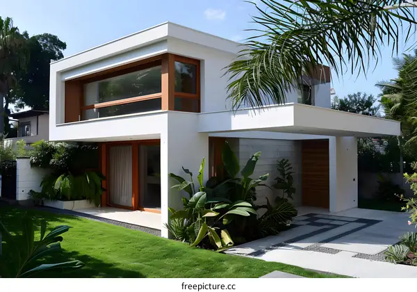 Modern White House with Green Lawn and Palm Trees