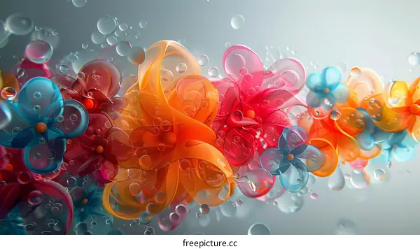 Colorful 3D flowers with water bubbles