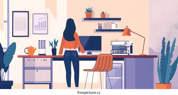 Woman Working at Home Office Desk with Computer and Coffee Machine