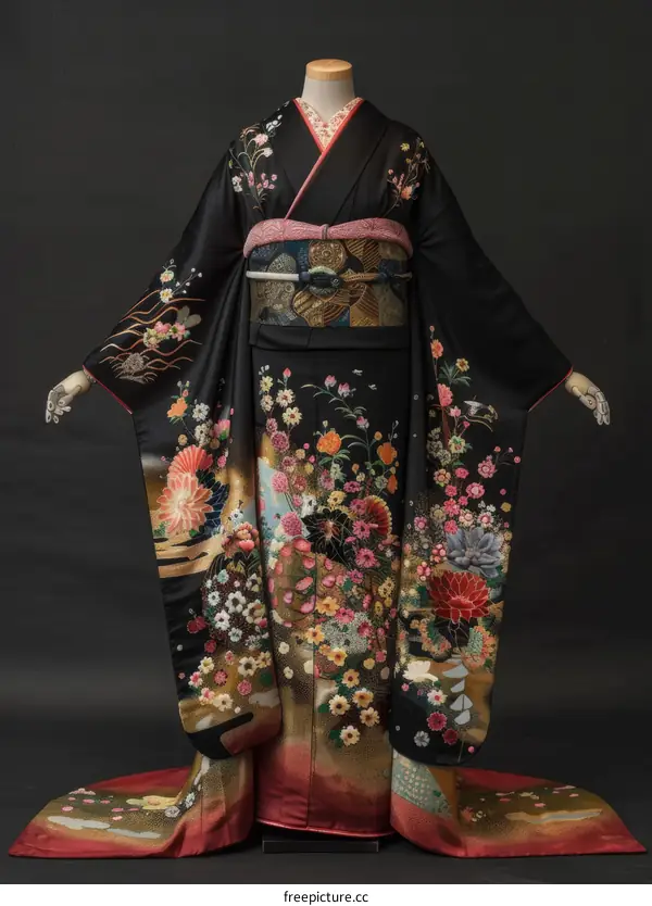 A woman wearing a black kimono with colorful floral embroidery.