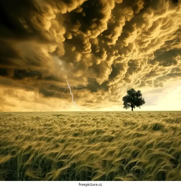 A thunderstorm is approaching a lonely tree in a vast wheat field