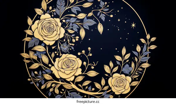 golden roses and blue leaves on black background