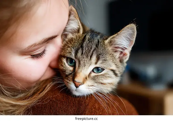 Close Up of Girl and Kitten Love