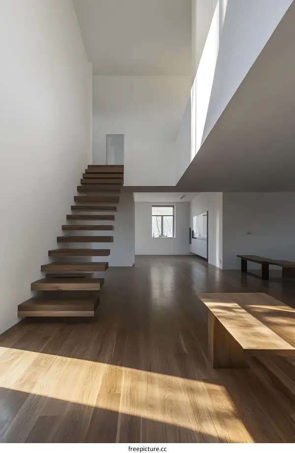 Modern Minimalist Home Interior Design with Floating Wooden Staircase and Sunlight Streaming Through Window