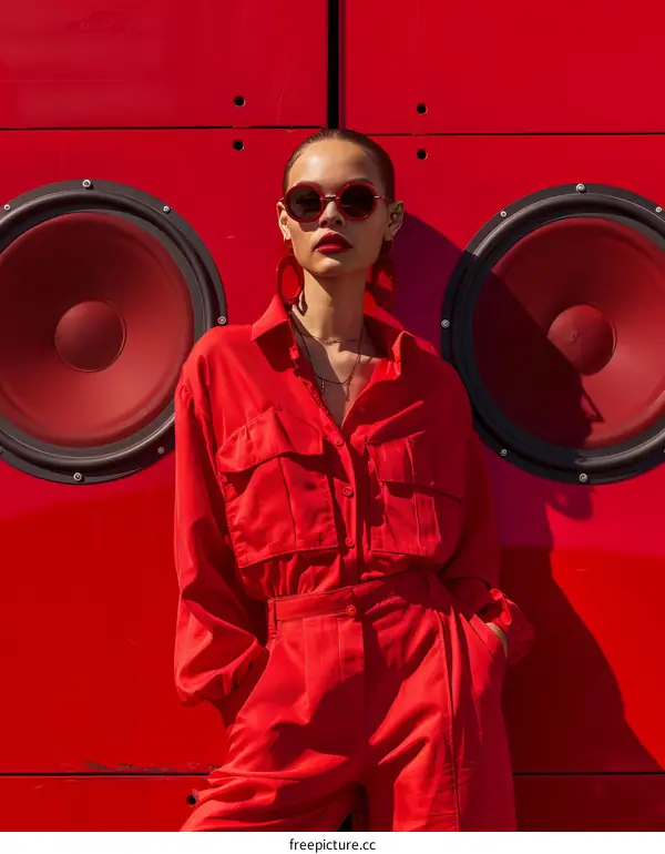 red overall jumpsuit with matching sunglasses and earrings