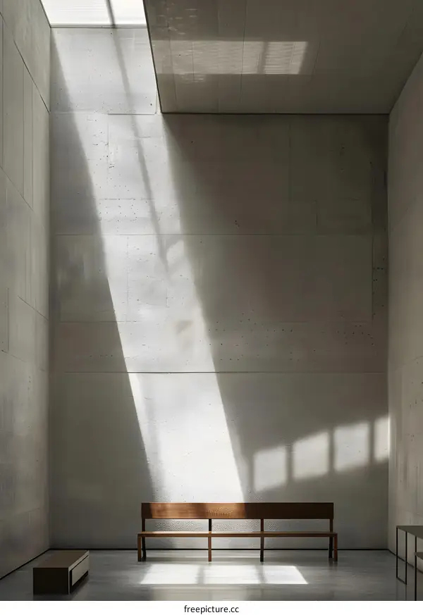 Minimalist Concrete Room with Wooden Bench and Sunlight