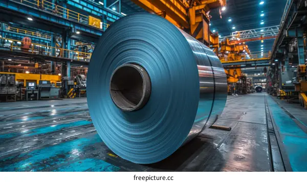 A large metal coil sits on the floor of a factory, waiting to be processed.