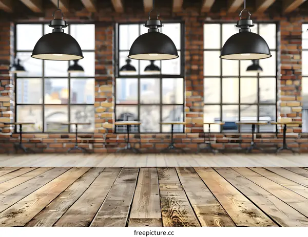 Wooden Table with Hanging Lights and Brick Wall Background