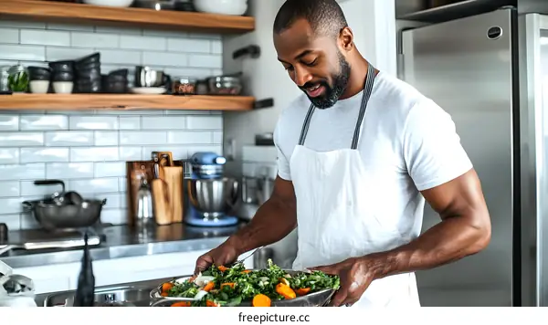 Black Man Cooking Healthy Meal In Kitchen