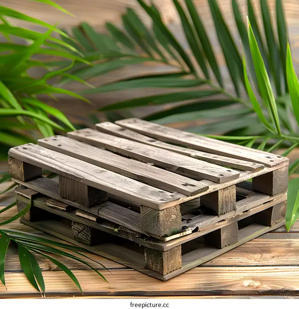 Rustic Wooden Pallet with Green Leaves Background