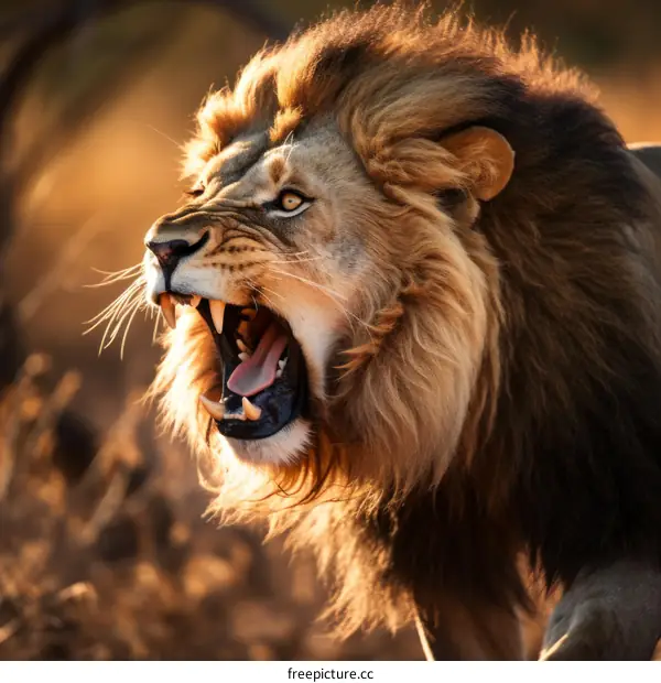 Close up of a male lion roaring