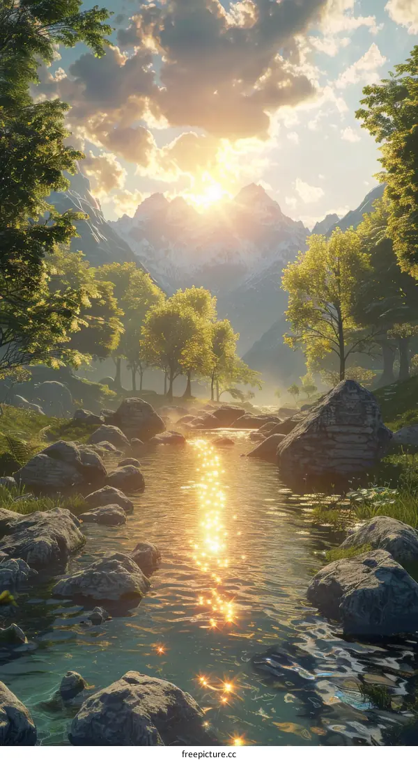 The sun illuminates the valley between mountains