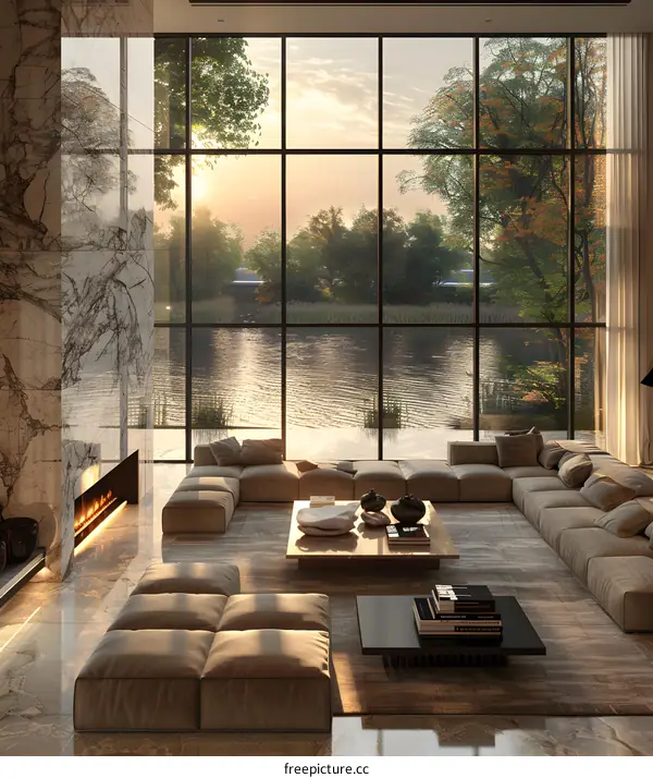 Modern living room interior with large windows overlooking lake and trees