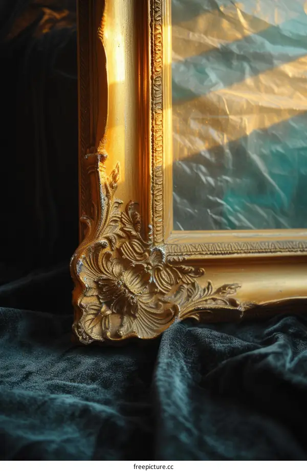 ornate gold gilded picture frame corner with green velvet