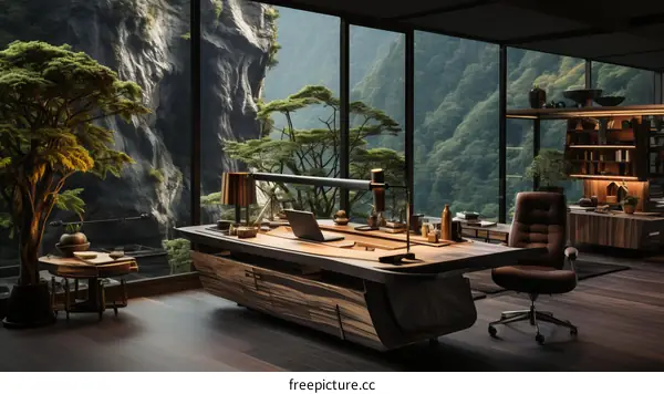Modern Office Interior with Large Windows Overlooking Mountains