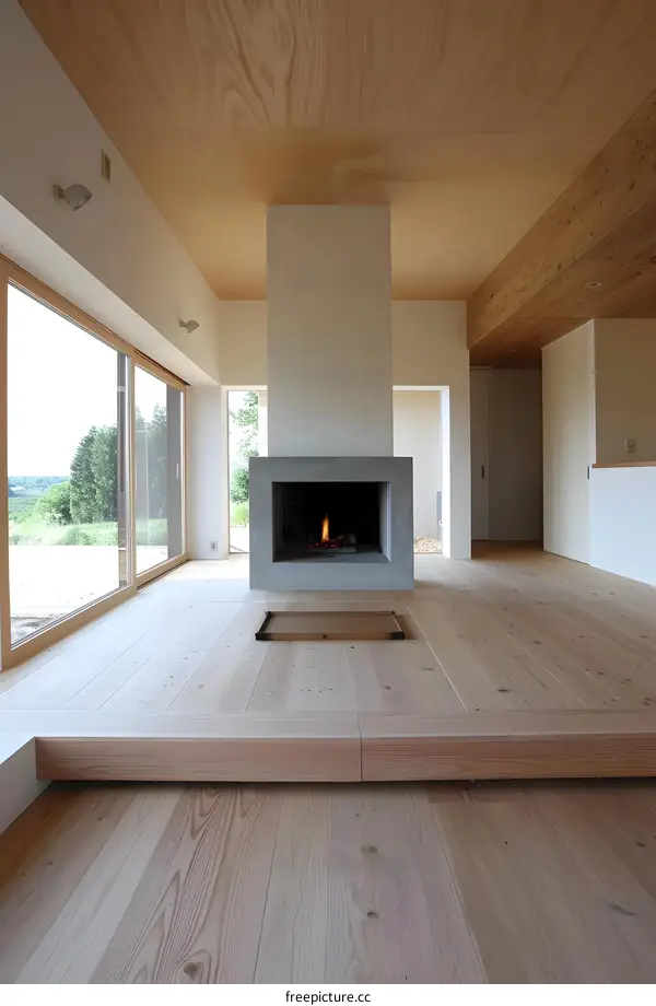 Modern Minimalist Living Room With Fireplace And Wooden Floor