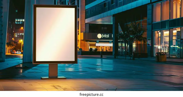 Blank billboard at night in an urban city street with blurred lights in the background