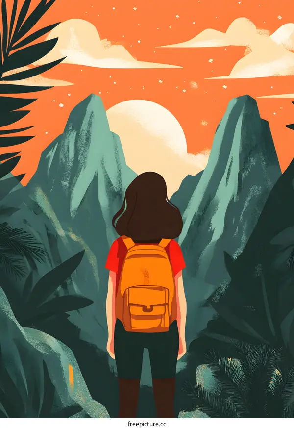 Woman with Backpack Standing in Front of Mountain Landscape