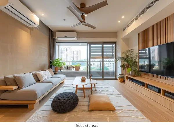 Modern Living Room with Wood Accents and Serene Ambiance