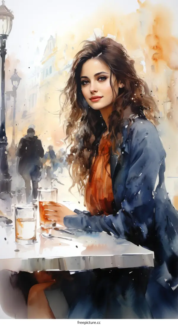 Beautiful Woman with Curly Hair at a Cafe